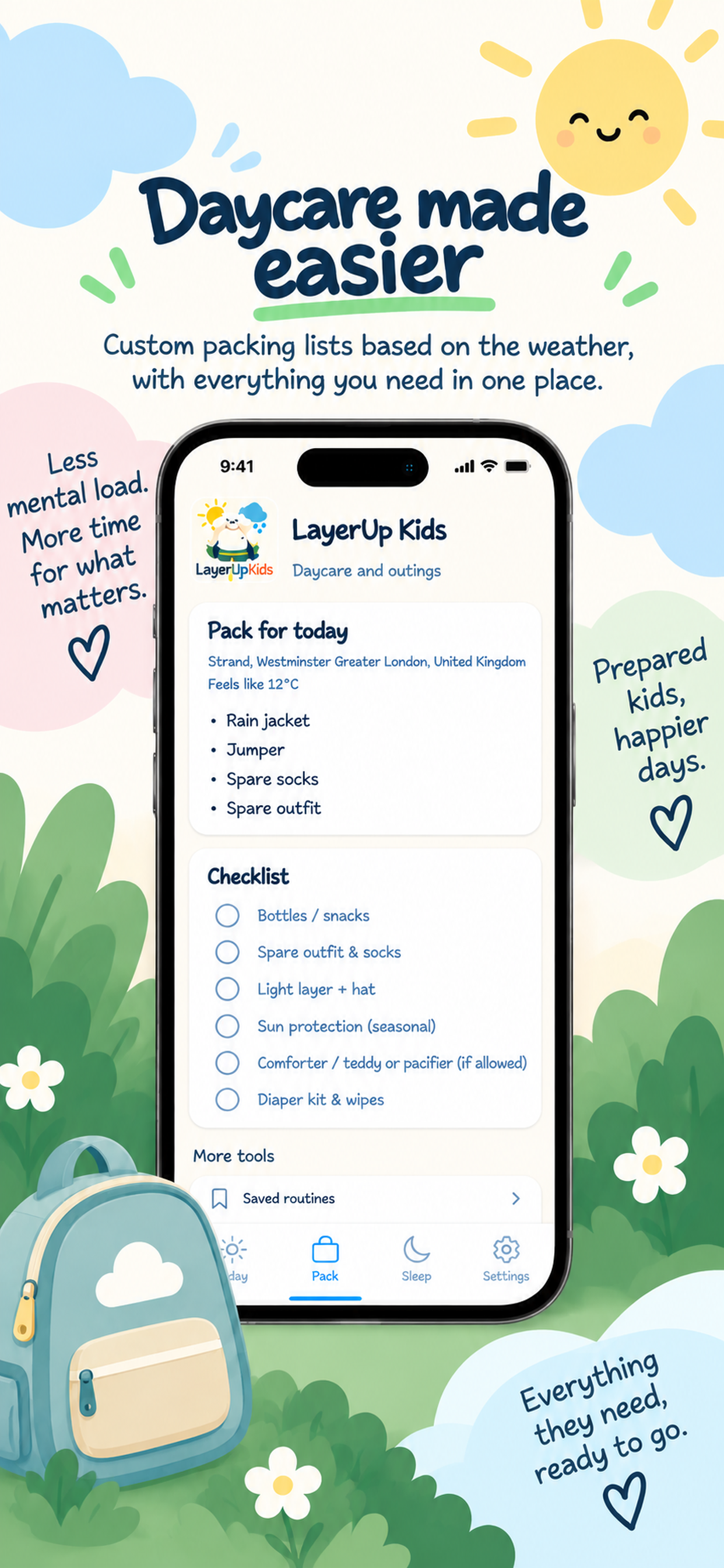 LayerUp Kids Pack screen showing a packing checklist for a child, with a rain jacket, jumper, spare socks and spare outfit to take for the day