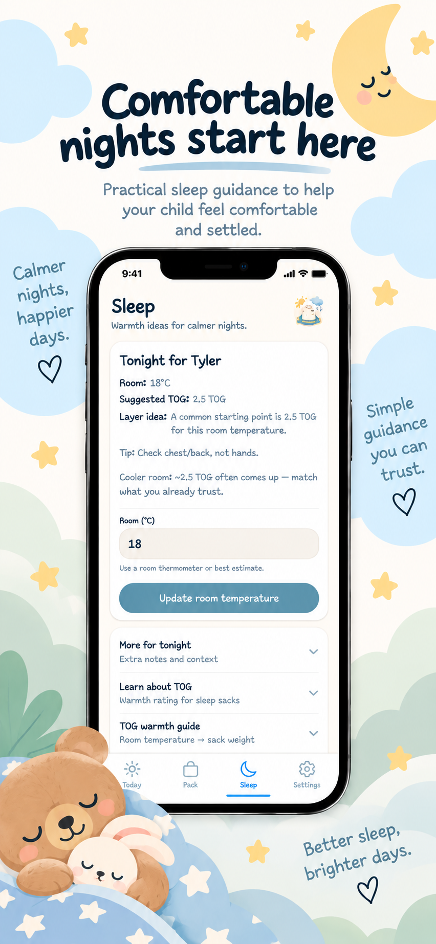 LayerUp Kids Sleep screen showing a suggested TOG rating and layering guidance for an 18°C room