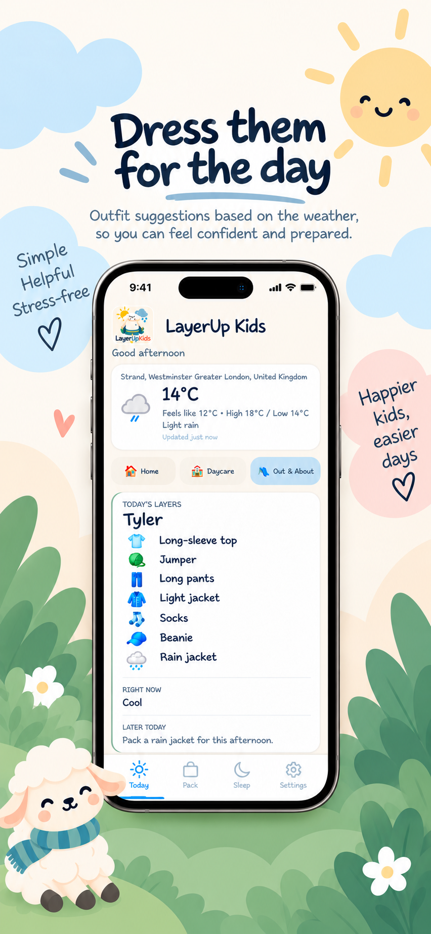 LayerUp Kids app showing today's weather and a suggested outfit of long-sleeve top, jumper, long pants, light jacket, socks, beanie and rain jacket for a child named Tyler